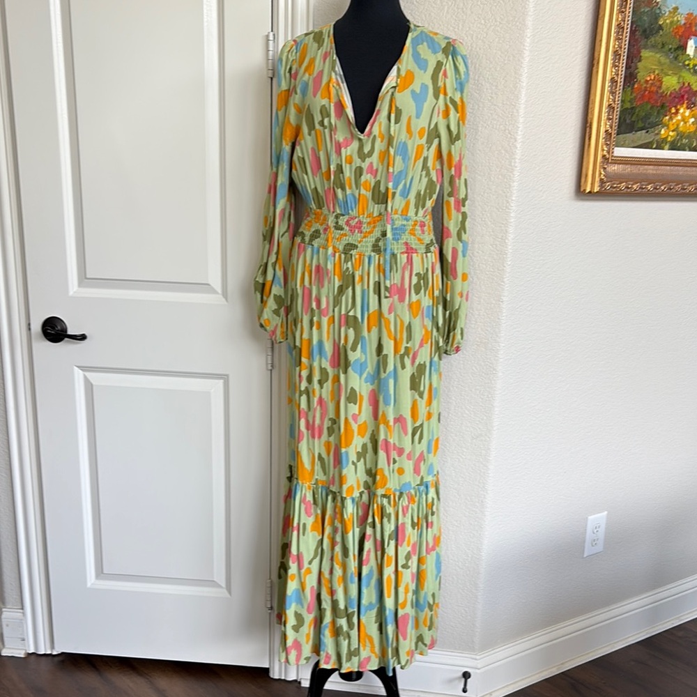 Rusty Yellow and Green Tiered V-Neck Sundress